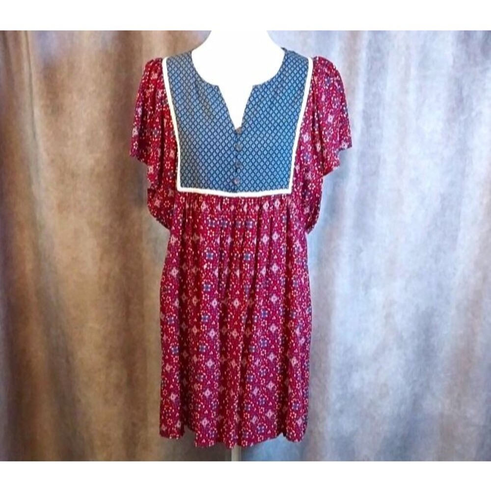 Kori America Women's Boho Geometric Print Tunic Dress/Top Maroon Blue Size Small